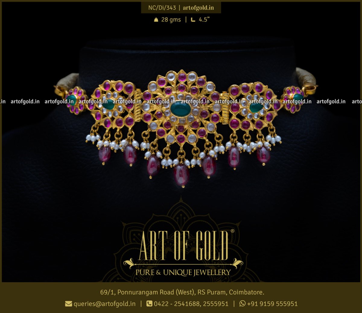 Gold Choker Light weight with Kemp Kundan Stone Art of Gold Jewellery Coimbatore