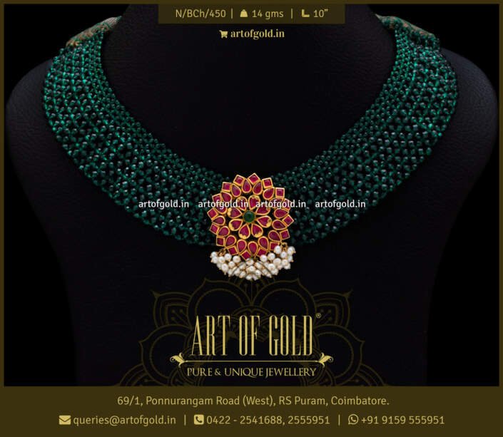 Green Beads Necklace with Gold Pendant Art of Gold Jewellery, Coimbatore