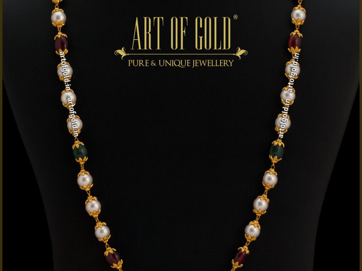 Gold Pearl Chain with Ruby Emerald Art of Gold Jewellery Coimbatore