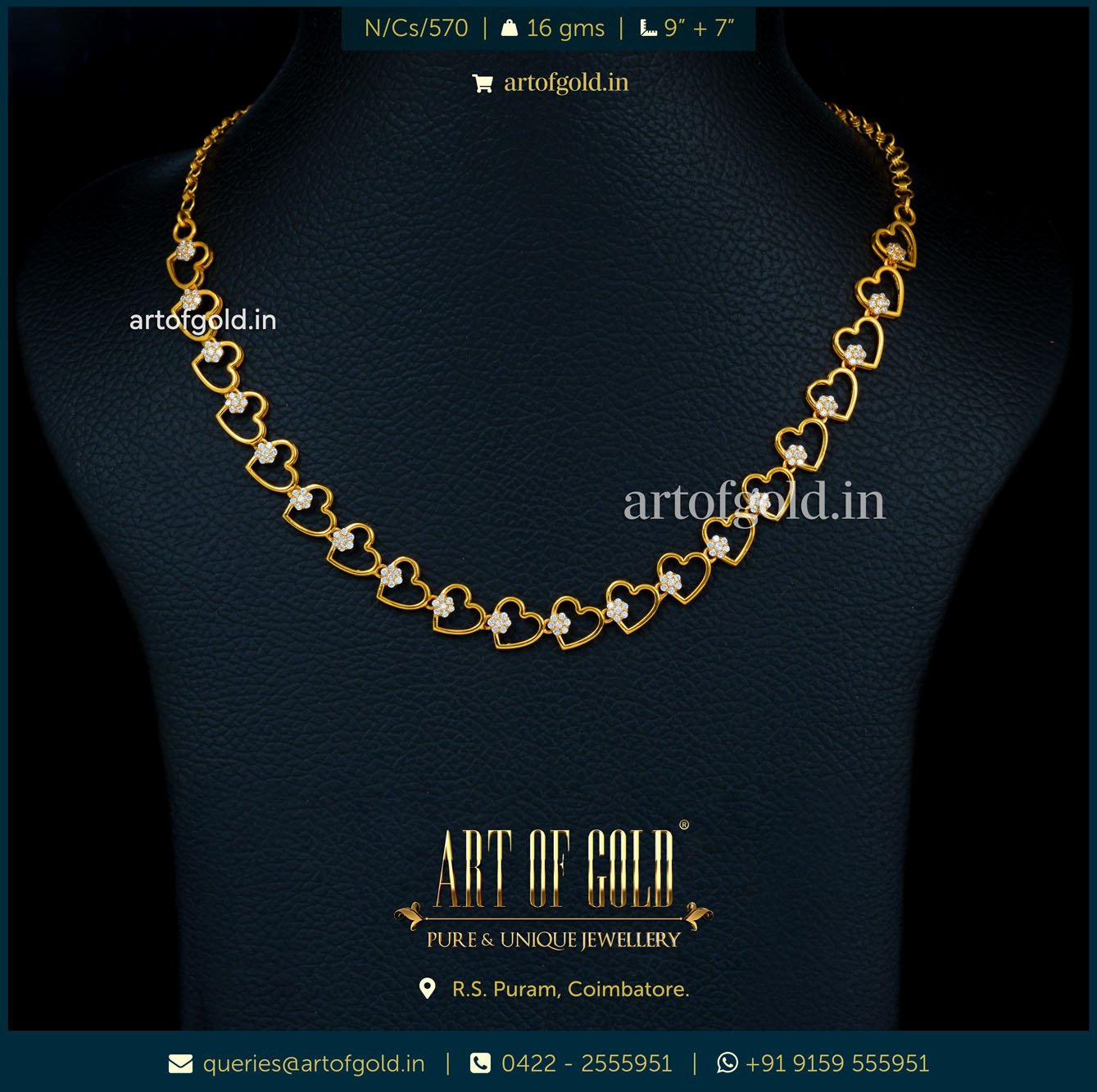 Hearts necklace - Gold & CZ stones