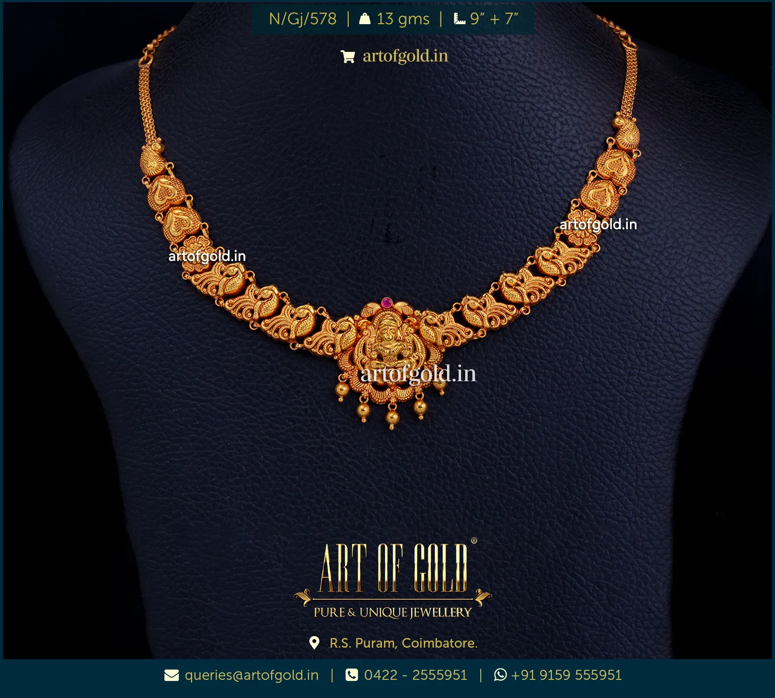 Light Weight Gold Necklace - Lakshmi & Peacock